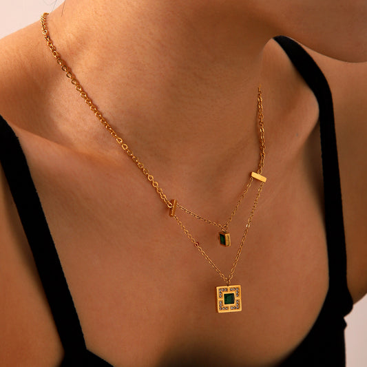 Non-fading Titanium Steel Necklace for Women, Inlaid with Emerald Zircon Cubes, Double-Layer Chain Necklace Accessory