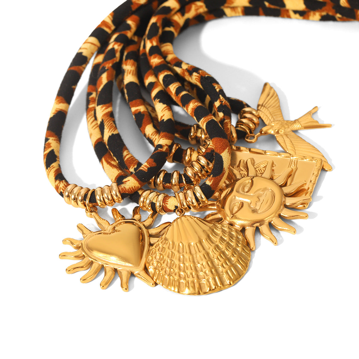 Stainless Steel Shell Sun Pendant Necklace Leopard Fur Rope Design Statement Necklace with Exaggerated Style