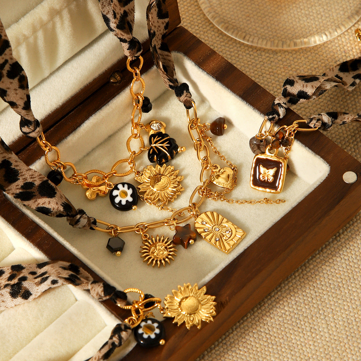 Stainless Steel Flower Sun Heart DIY Jewelry Pendant Leopard Print Necklace Butterfly Daisy Leopard Print Bracelet