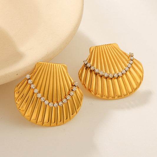 Marine titanium steel earrings, 18k gold-plated stainless steel scallop earrings, women's fashion diamond-encrusted earrings