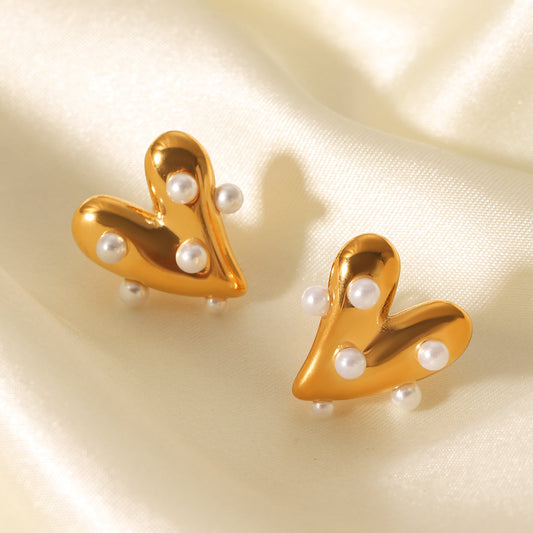 18K Gold Stainless Steel Heart-shaped Earrings with Pearls, Personalized and Versatile, Perfect for Women, Trendy Accessories for Instagram