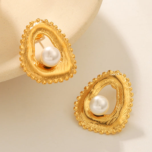 French Vintage Style Pearl Earrings, 18K Gold-plated Stainless Steel Earrings for Women, Fashionable and Elegant, High-end Titanium Steel Earrings