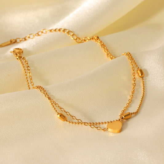 Titanium Steel Ankle Chain 18K Gold Stainless Steel Heart Pendant Oval Bead Chain Double-layer Ankle Chain Non-fading Ankle Jewelry
