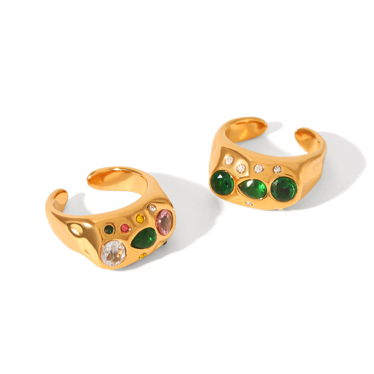 Irregular Hammered Pattern Stainless Steel Open Ring with Zircon Inlay, Women's Titanium Steel Finger Ring