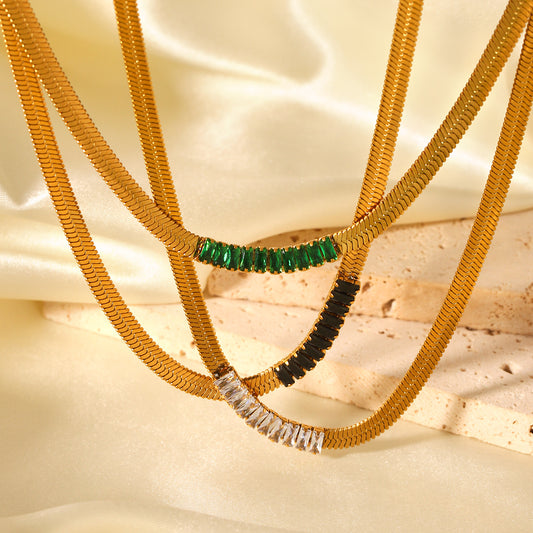 18K Gold Stainless Steel Blade Chain Inlaid with Zircon Necklace, High-end Flat Snake Chain, Titanium Steel Clavicle Chain