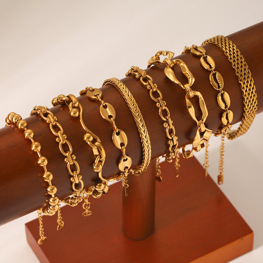 18K gold-plated stainless steel bracelet for women, INS style, fashionable round bead chain, handmade jewelry