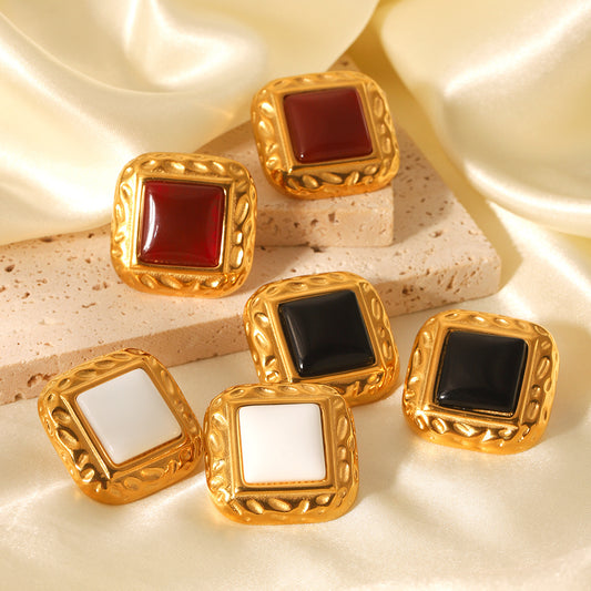 French vintage square stainless steel hammered earrings agate earrings women's non-fading light luxury high-end earrings
