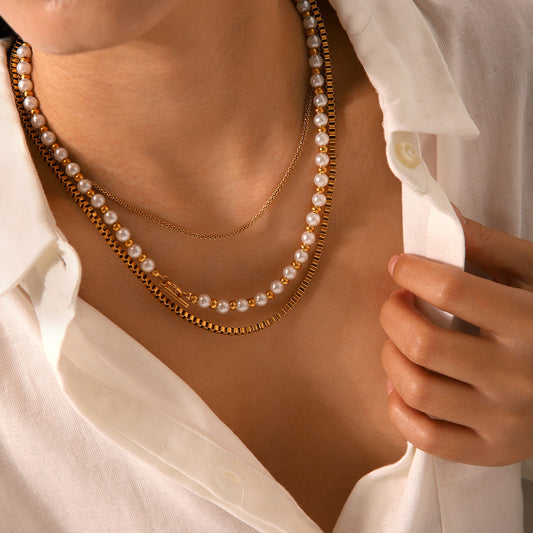 Fashionable light luxury stainless steel beaded necklace pearl necklace female ins style versatile clavicle chain