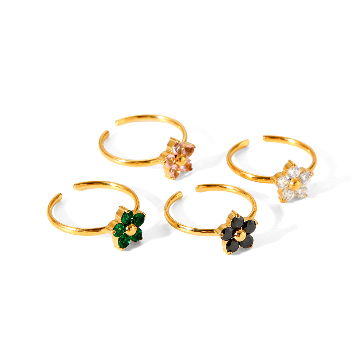 Stainless Steel Flower Inlaid Zircon Ring for Women, French Style, Light Luxury, High-end Feel, Titanium Steel Opening Ring