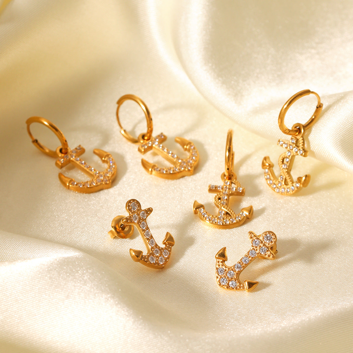 18K Gold Stainless Steel Anchor Earrings with Diamond Studs, Women's Light Luxury High-end Titanium Steel Earrings