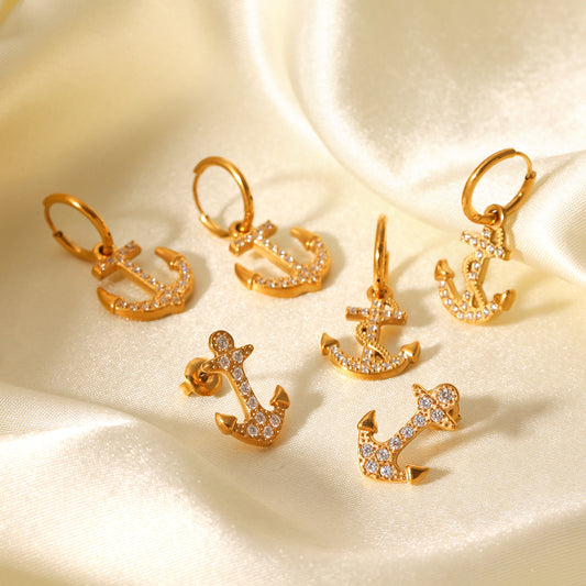 18K Gold Stainless Steel Anchor Earrings with Diamond Studs, Women's Light Luxury High-end Titanium Steel Earrings