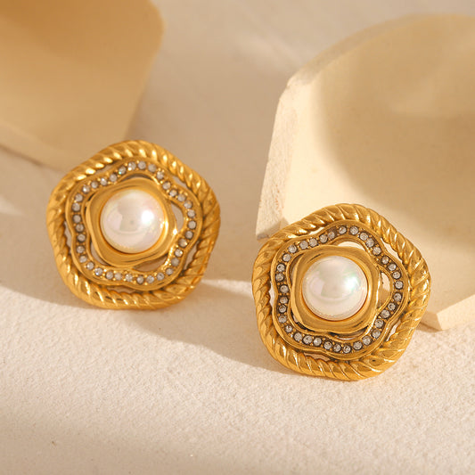 French-style Vintage 18k Gold Stainless Steel Earrings with Diamond-encrusted Flowers, Elegant and Luxurious Pearl Earrings for Women