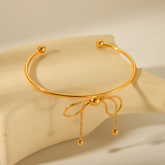 18K Gold Stainless Steel Bow Open Bracelet for Women, European and American Fashion, Versatile Titanium Steel Bracelet