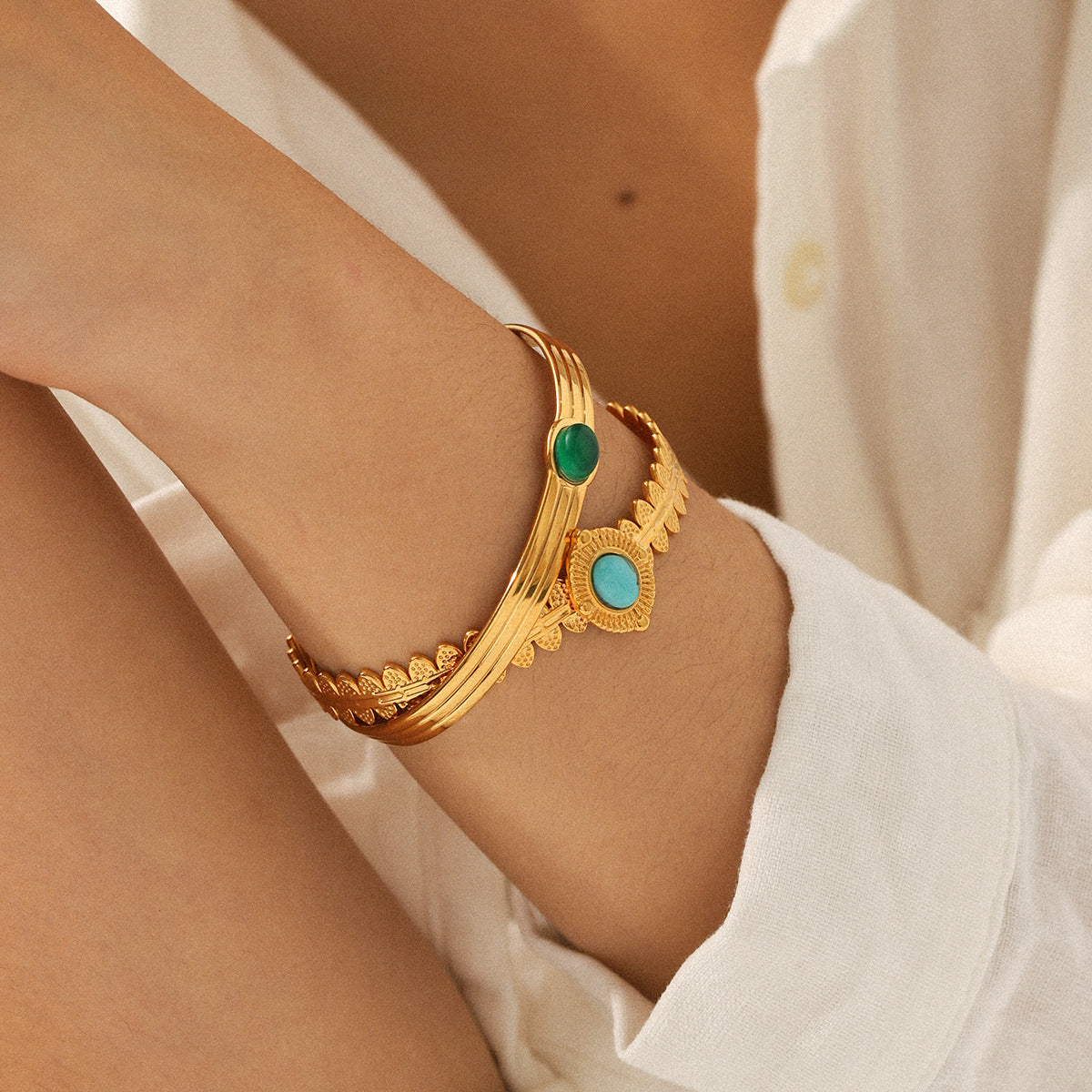 French Retro Green Agate Stainless Steel Bracelet - Versatile and Stylish Accessories, Turquoise Titanium Steel Open Bracelet, Fade-Resistant