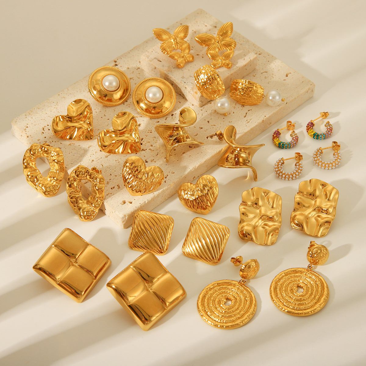 Ins Wind Punch Texture Titanium Steel Earrings 18K Gold Stainless Steel Geometric Love Butterfly Inlaid Diamond Earrings