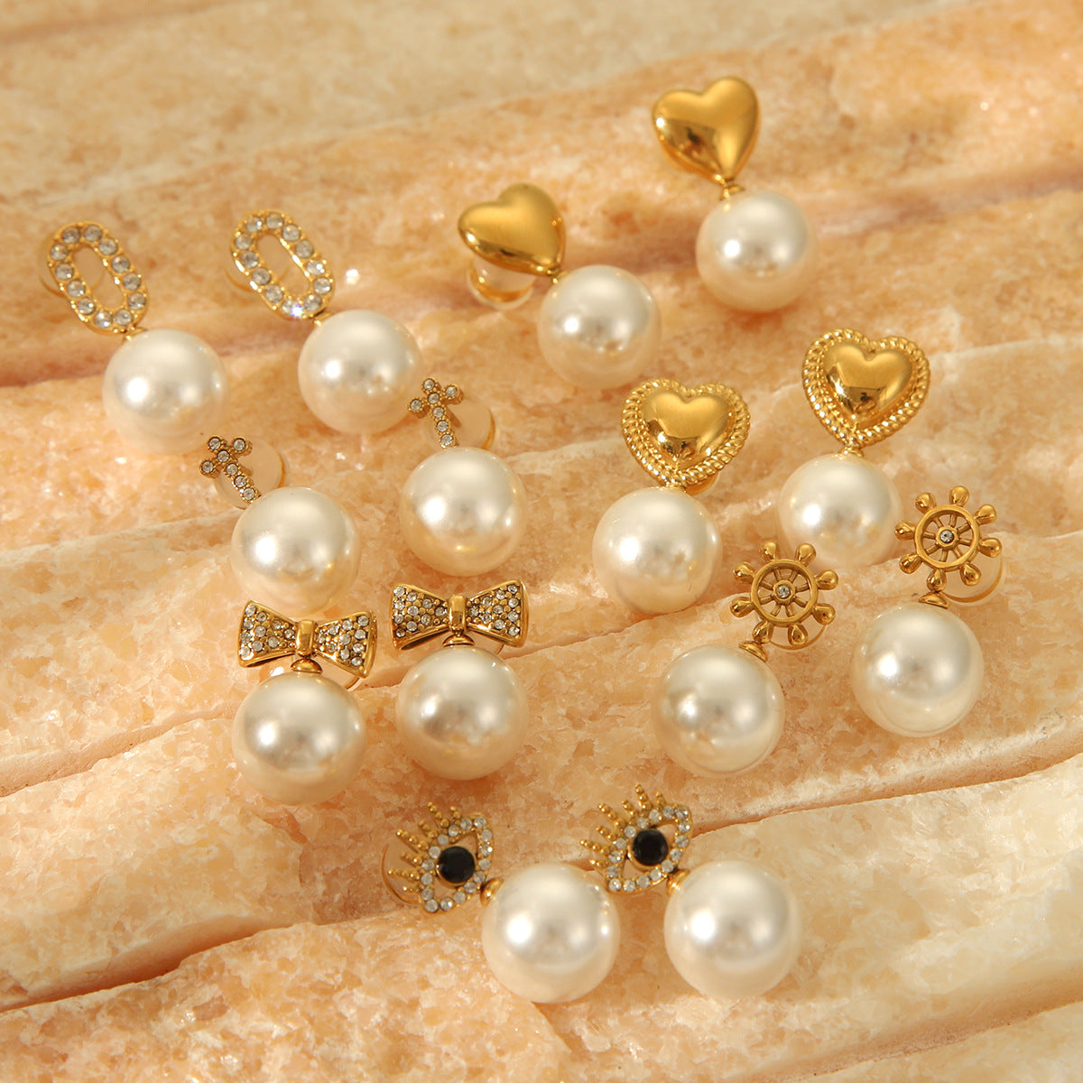 Retro Pearl Earrings Stainless Steel Bow Heart Diamond-Embedded Stud Earrings for Women Fashion Universal Earrings
