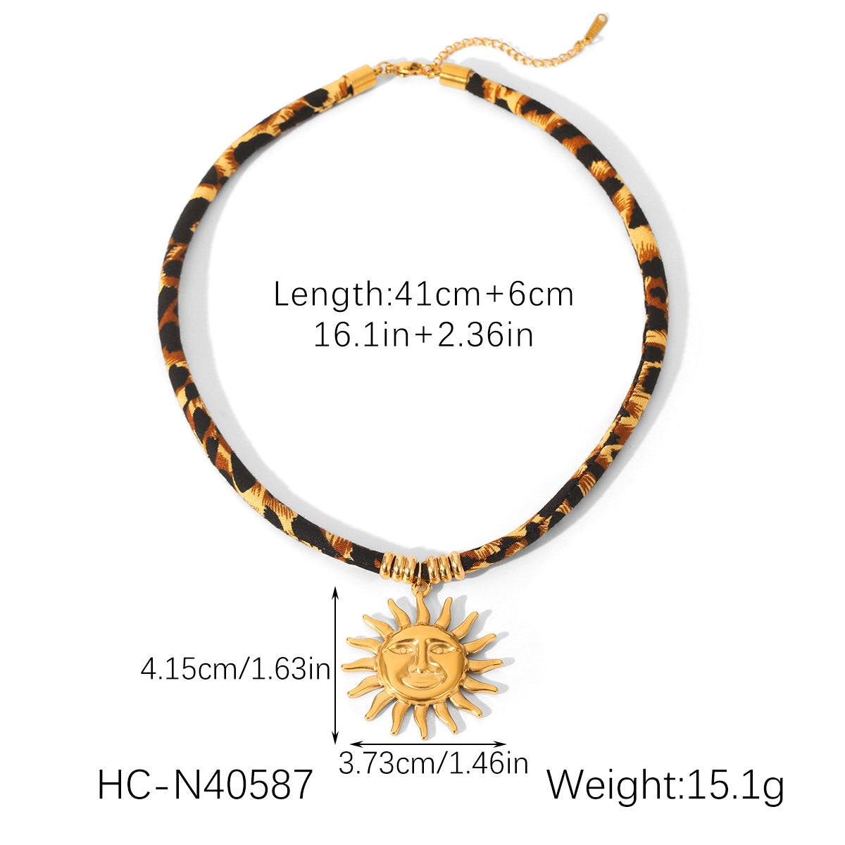 Stainless Steel Shell Sun Pendant Necklace Leopard Fur Rope Design Statement Necklace with Exaggerated Style