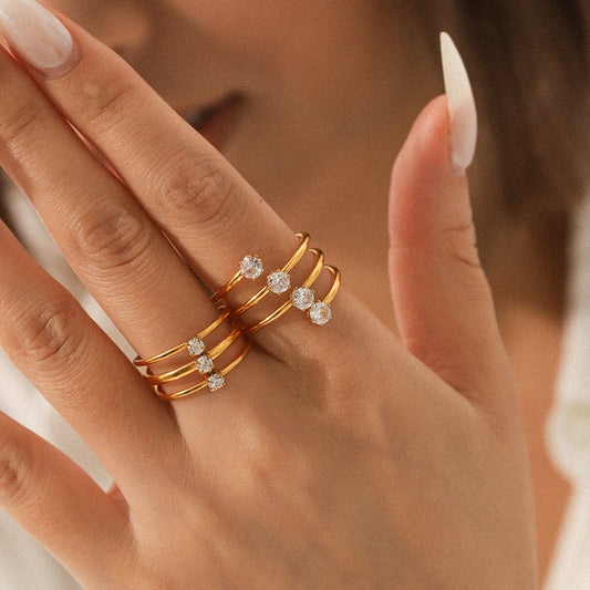 INS Style Three-layer Stainless Steel Ring with Zircon Inlay, Light Luxury and Versatile Titanium Steel Open Ring