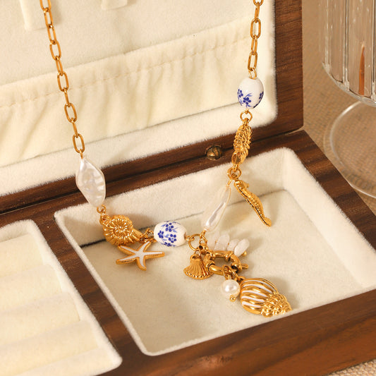 Summer Stainless Steel Ocean Style Element Starfish Shell Pearl Conch Necklace Female Non-fading Necklace