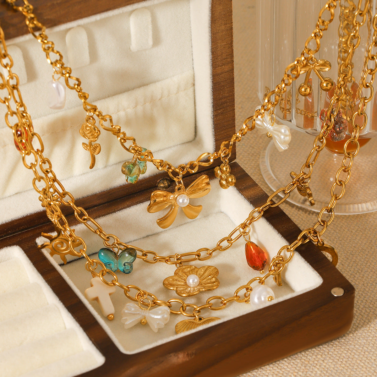 Floral Tassel Pendant Necklace with Bow, Heart, and Sun DIY Accessories - Lightweight Luxury Stainless Steel Necklace