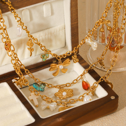 Floral Tassel Pendant Necklace with Bow, Heart, and Sun DIY Accessories - Lightweight Luxury Stainless Steel Necklace