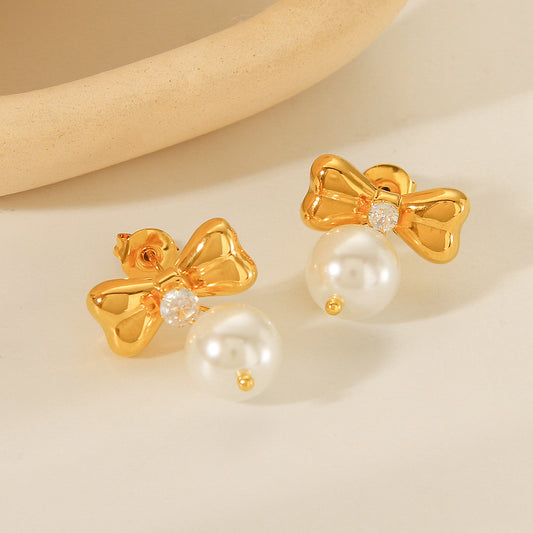 Stainless Steel Zircon-inlaid Bowknot Earrings, Titanium Steel Earrings, Women's Fashionable and Versatile Pearl Earrings