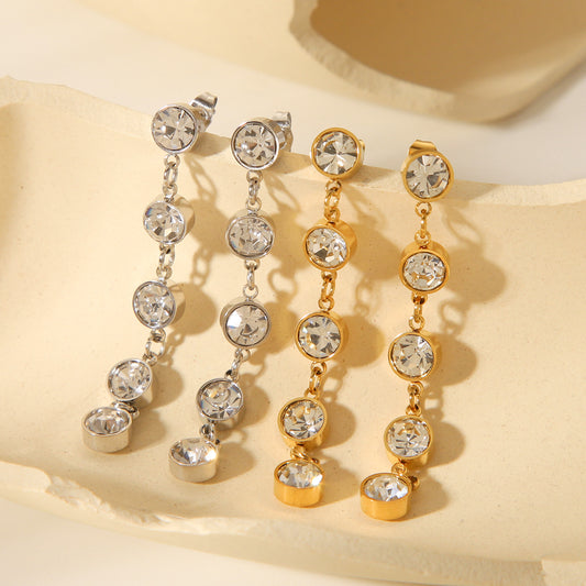 18K Gold Stainless Steel Earrings with A Stylish and Personalized Design, Featuring Tassels and Round Diamond Studded Earrings