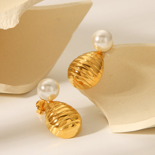 18k Gold Stainless Steel Textured Water Droplet Shaped Earrings, Women's Pearl Earrings, Versatile Earrings with Temperament