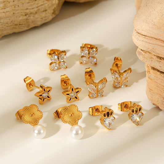 Fashionable and Personalized Butterfly Zircon Star Earrings, Ins-inspired Light Luxury Stainless Steel Five-petaled Flower Pearl Earrings