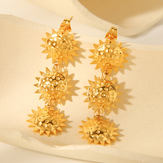 Personalized Trendy 18k Gold Stainless Steel Hammered Sunflower Pendant Earrings, High-end Ear Jewelry