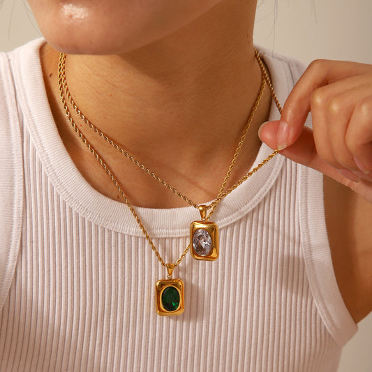 Stainless Steel Necklace with Square Pendant, Inlaid with Semi-precious Stones, Titanium Steel Necklace for Women