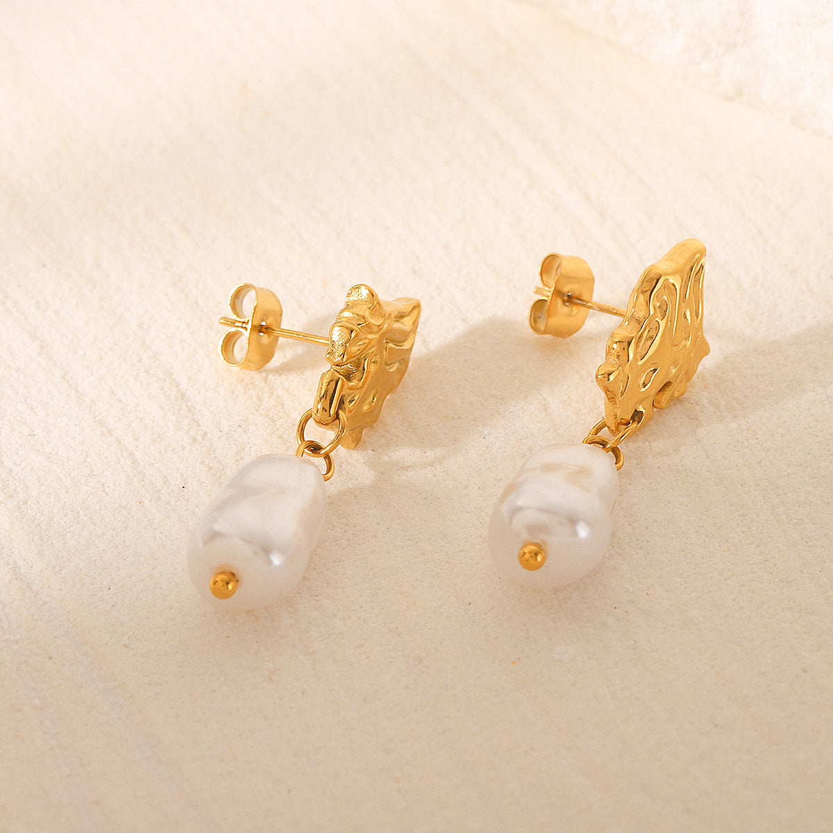 Irregular Titanium Steel Earrings 18k Gold Stainless Steel Earrings, Women's Retro Temperament Pearl Earrings
