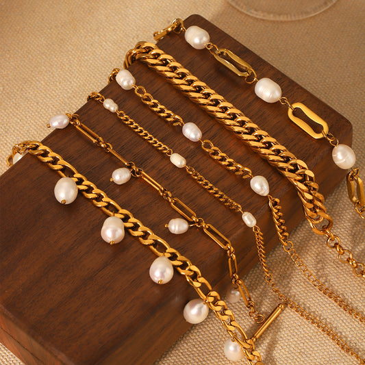 French-style Natural Freshwater Pearl Bracelet for Women, High-end Feel, Figaro Chain, Stainless Steel Cuban Chain, Titanium Steel Handmade Chain
