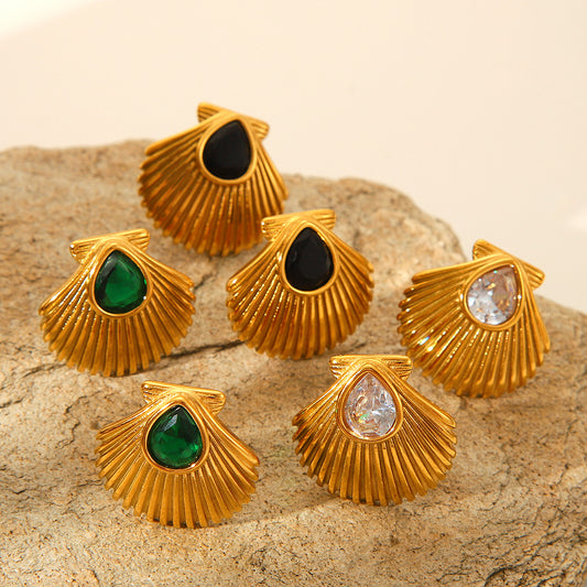 18K Gold Stainless Steel Scallop Earrings with Zircon, Women's Light Luxury, Easy-matching Earrings, Marine Titanium Steel Earrings