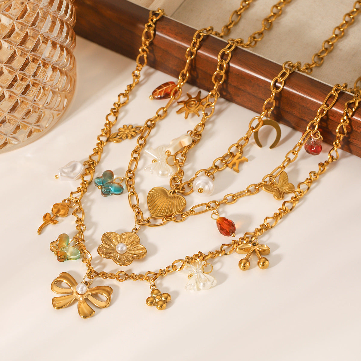 Floral Tassel Pendant Necklace with Bow, Heart, and Sun DIY Accessories - Lightweight Luxury Stainless Steel Necklace