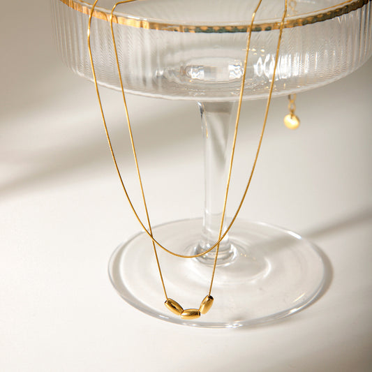 Simple 18k gold double-layer stackable necklace for women, stainless steel, cool style, beaded snake bone chain, does not fade