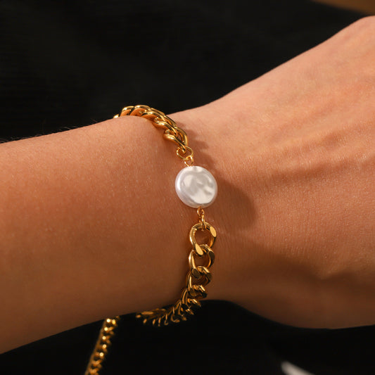 INS-style Fashion Trend, Baroque Pearl Stainless Steel Cuban Chain Bracelet for Women, Non-fading Bracelet