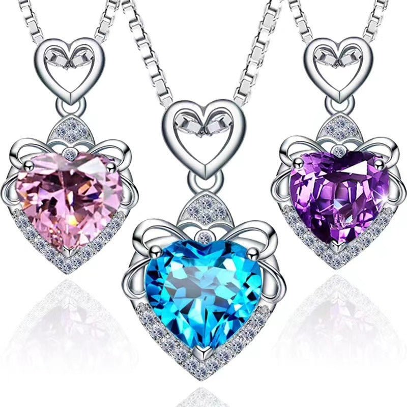 Heart of The Ocean Topaz Purple Blue Crystal Necklace Heart Shaped Clavicular Chain for Women
