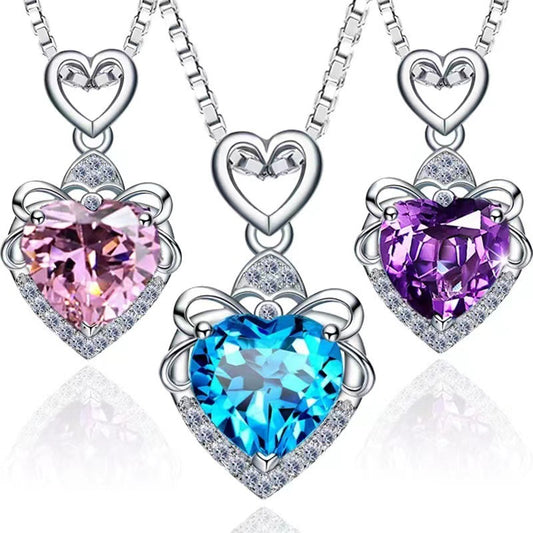 Heart of The Ocean Topaz Purple Blue Crystal Necklace Heart Shaped Clavicular Chain for Women
