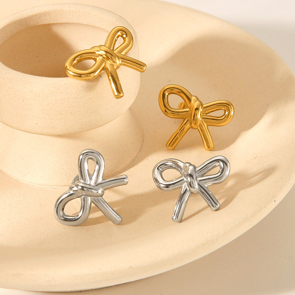 18k Gold Stainless Steel Bow Earrings for Women, Fashionable and Versatile Titanium Steel Earrings