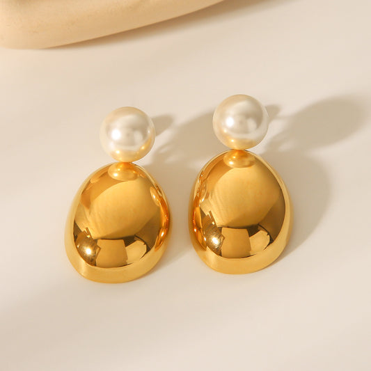 18k Gold Stainless Steel Earrings with Pearl Studs, Semi-circular Pendant, Titanium Steel Earrings