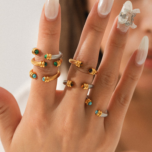 Color-blocked Stainless Steel Spiral Pattern Open Ring Inlaid with Malachite, Turquoise, Tiger's Eye, Titanium Steel Finger Ring for Women