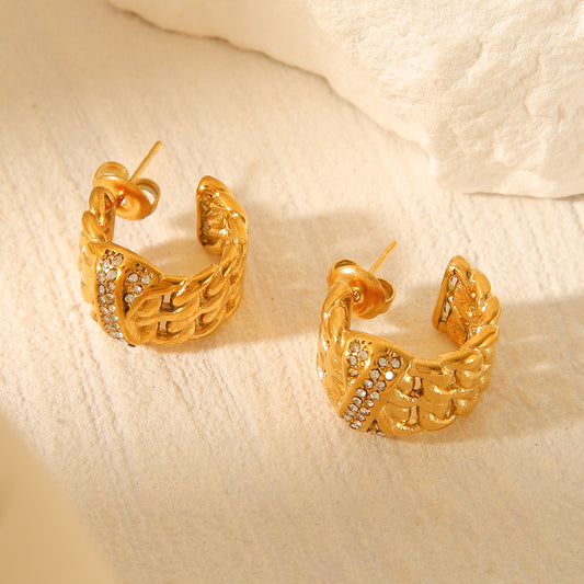 18k Gold Stainless Steel Earrings with Multi-layer Chain Splicing and Diamond Studded Design, C-shaped Titanium Steel Earrings