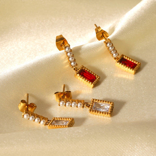 Stainless Steel Earrings with Pearl Studs and Zircon Pendants, Exuding A High-end and Elegant Aura, with No Fading, and Made of Titanium Steel Jewelry