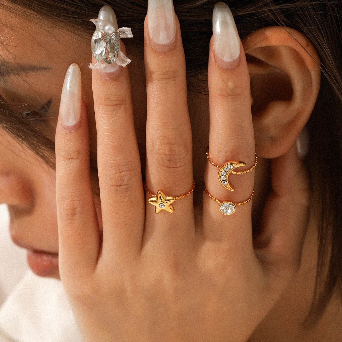 Stainless Steel Star Moon Zircon Ring for Women, Non-Fading Titanium Steel Ring, Unisex Design, Open Ring