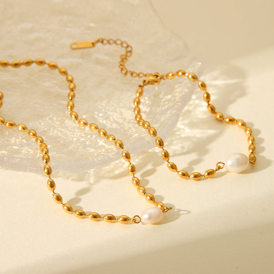 French natural freshwater pearl oval gold bean necklace stainless steel bracelet titanium steel jewelry
