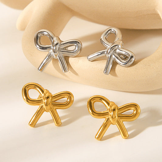 18k Gold Stainless Steel Bow Earrings for Women, Fashionable and Versatile Titanium Steel Earrings