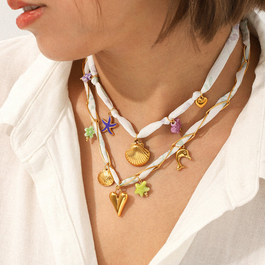 Summer Vacation Style Scarf Necklace, Light Luxury Niche Stainless Steel Shell Heart Pendant Necklace Jewelry